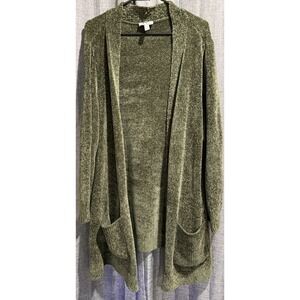 D & Co. Womens 1X Green SOFT Open Knit Cardigan Pockets 35" Long Cozy EUC